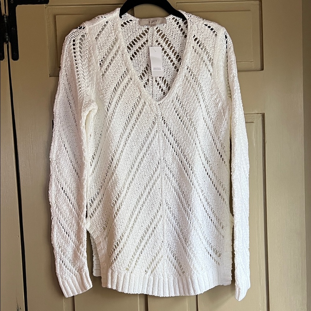 LOFT White V-Neck Knit Sweater